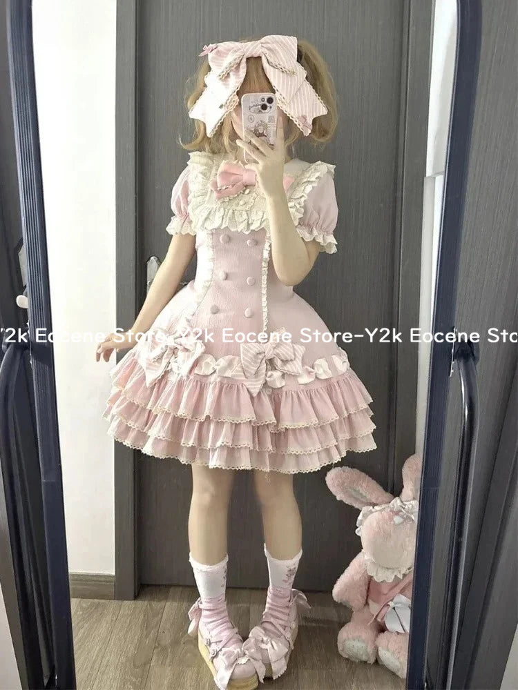 Japanese Sweet Lolita Kawaii Short Dress Women Pink Princess Y2k Bow Ruches Slim Dresses Female Korea Style Design Chic Outfits