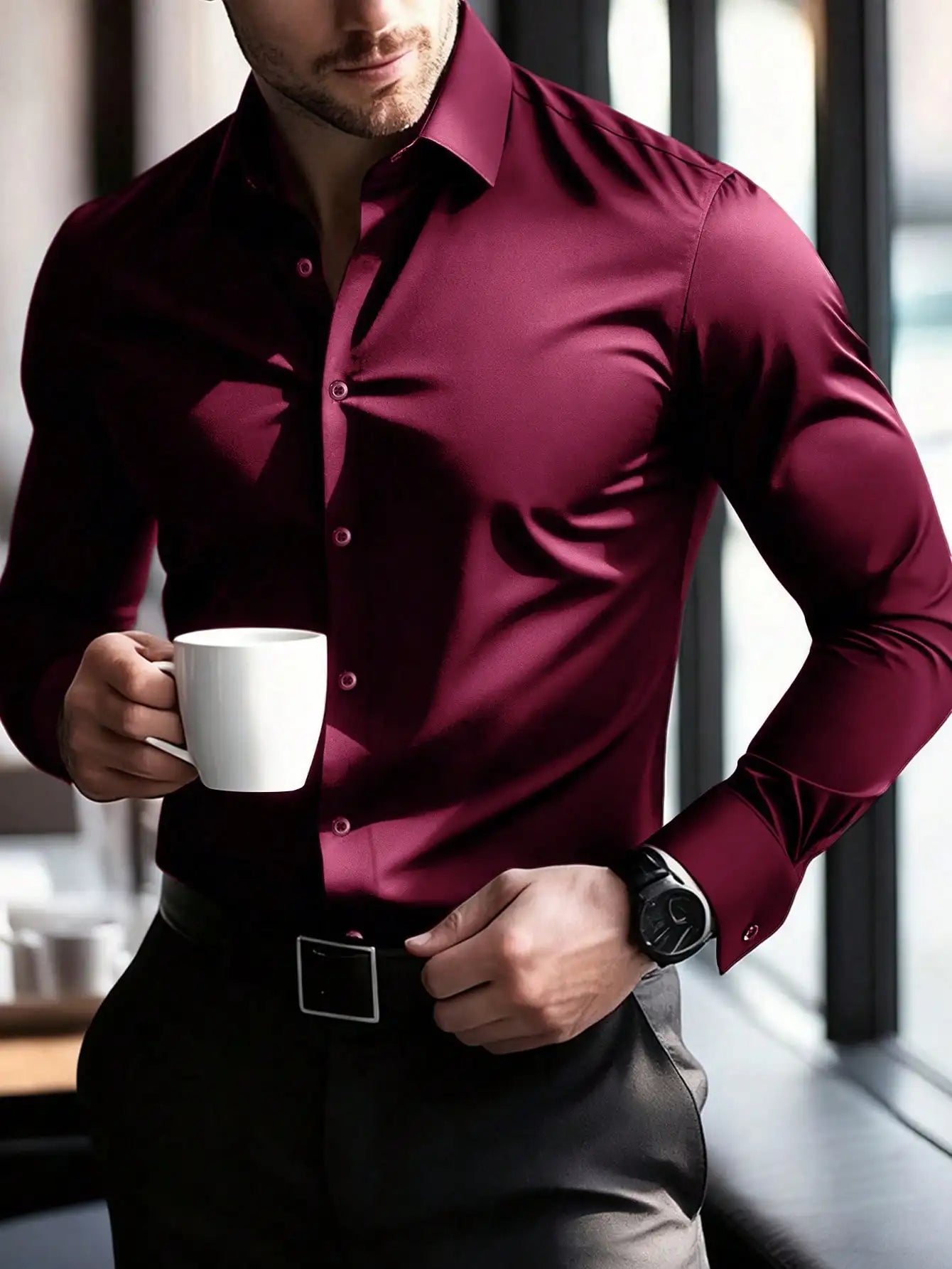 Men's Bright Pink Long Sleeve Slim Fit Casual Business Shirt