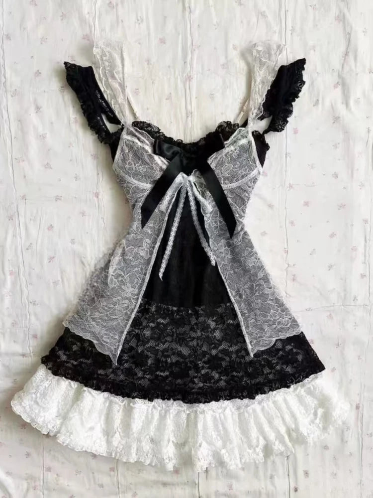 Aesthetic Vintage Lace Slim Dress Women Gothic Sexy Y2k Lace Up Cardigan Women High Street Hot Girl Off Shoulder Sling Dresses