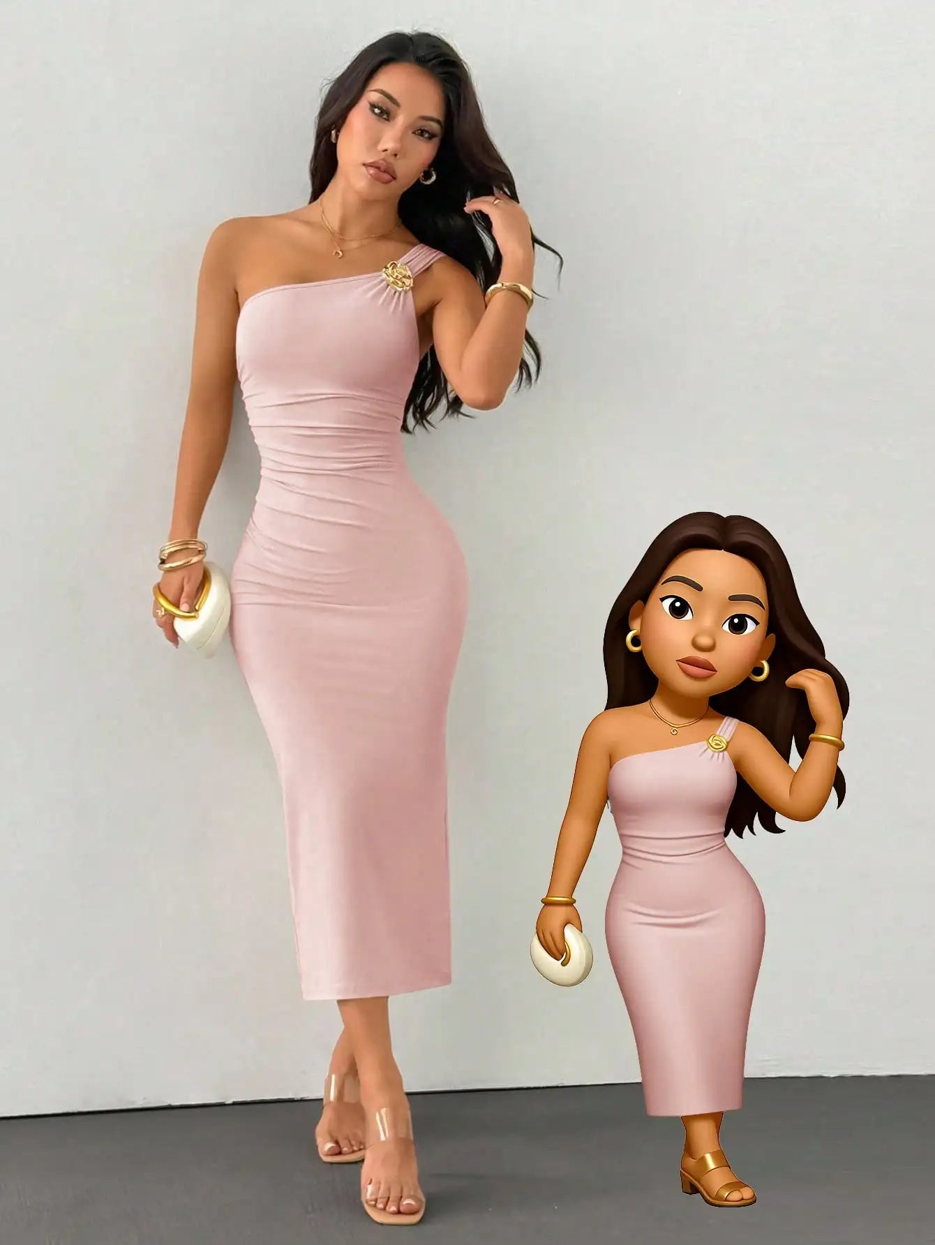 One Shoulder Ruched Fishtail Dress With Gold Brooch Asymmetric Neck Party Dress
