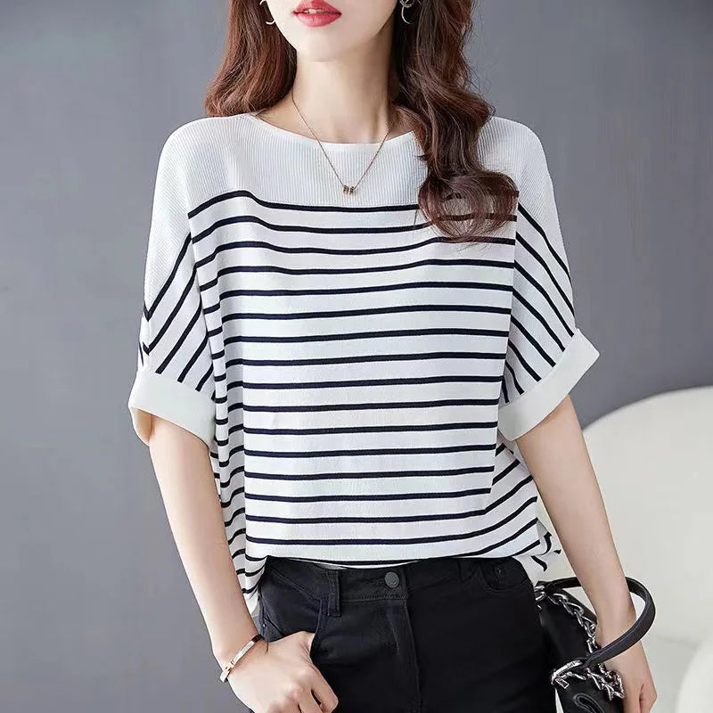 ZANZEA Elegant Striped Patchwork Blouse Women Half Sleeve Office Wear 2024 Summer T-shirt Fashion Loose Casual O-neck Tunic Tops