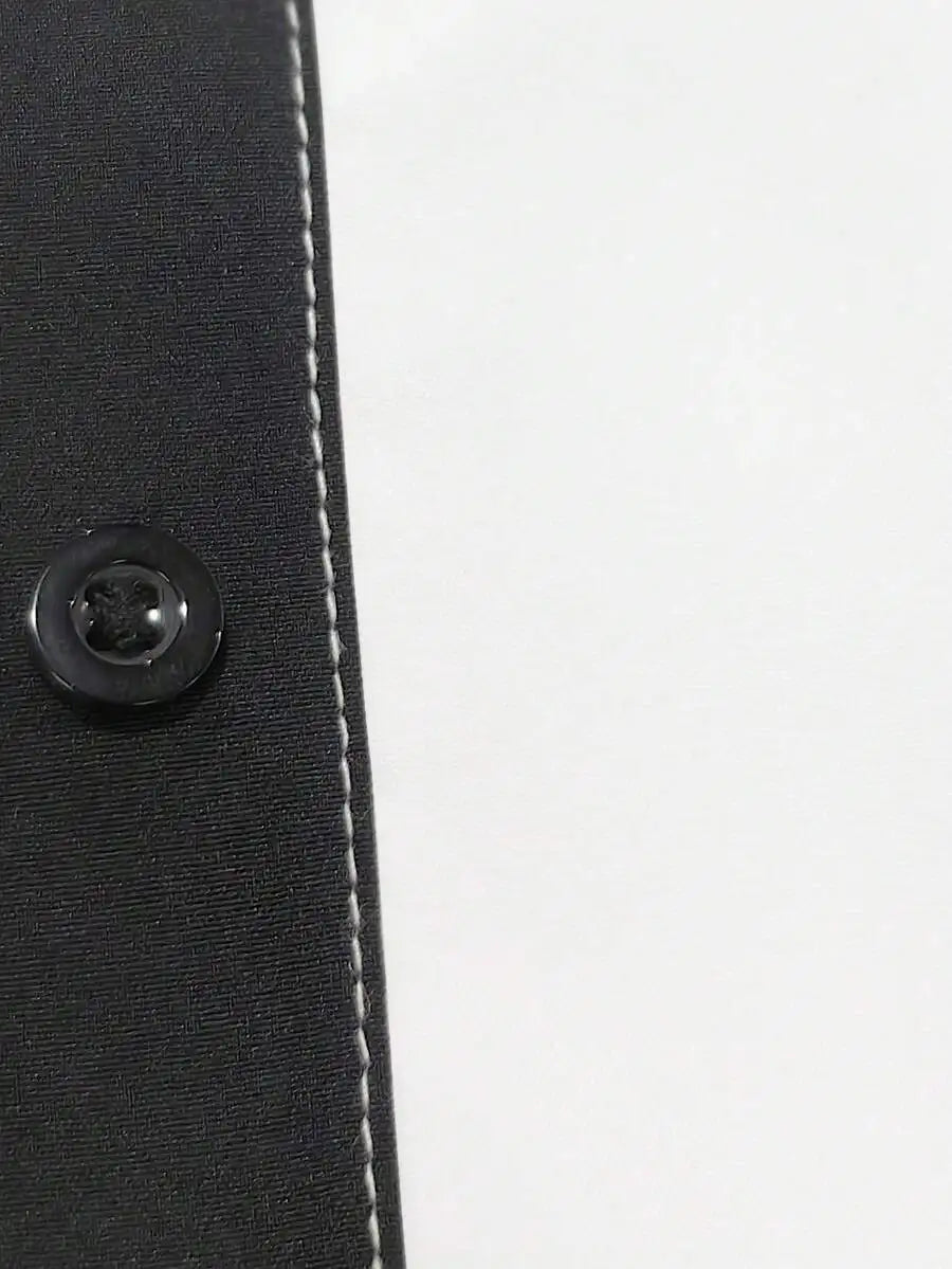 Men's White Short Sleeve Casual Shirt with Black Trim Collar and Cuffs