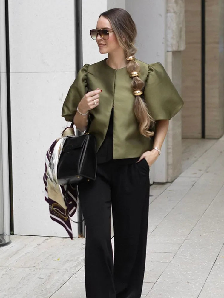 Spring Summer New Women's Fashion Casual Shirt Satin Bubble Sleeves Round Neck Loose Short Top Female Elegant Solid Blouses