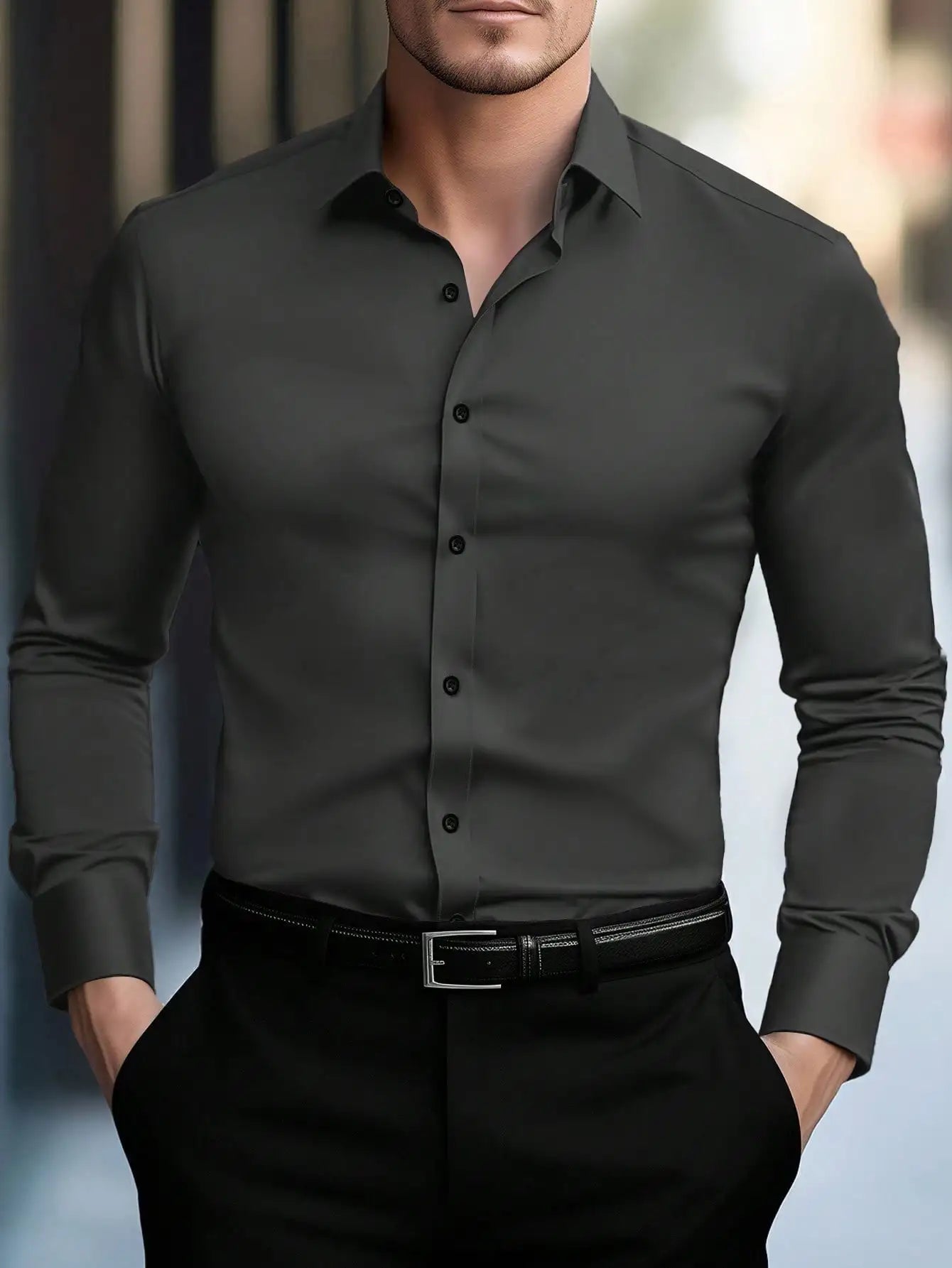 Men's Slim Fit Solid White Long Sleeve Button-Up Shirt for Business Casual Wear