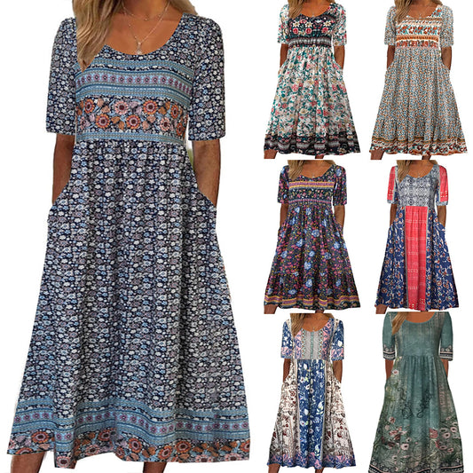 2025 summer new women's Bohemia loose fashion print round neck short sleeve long dress