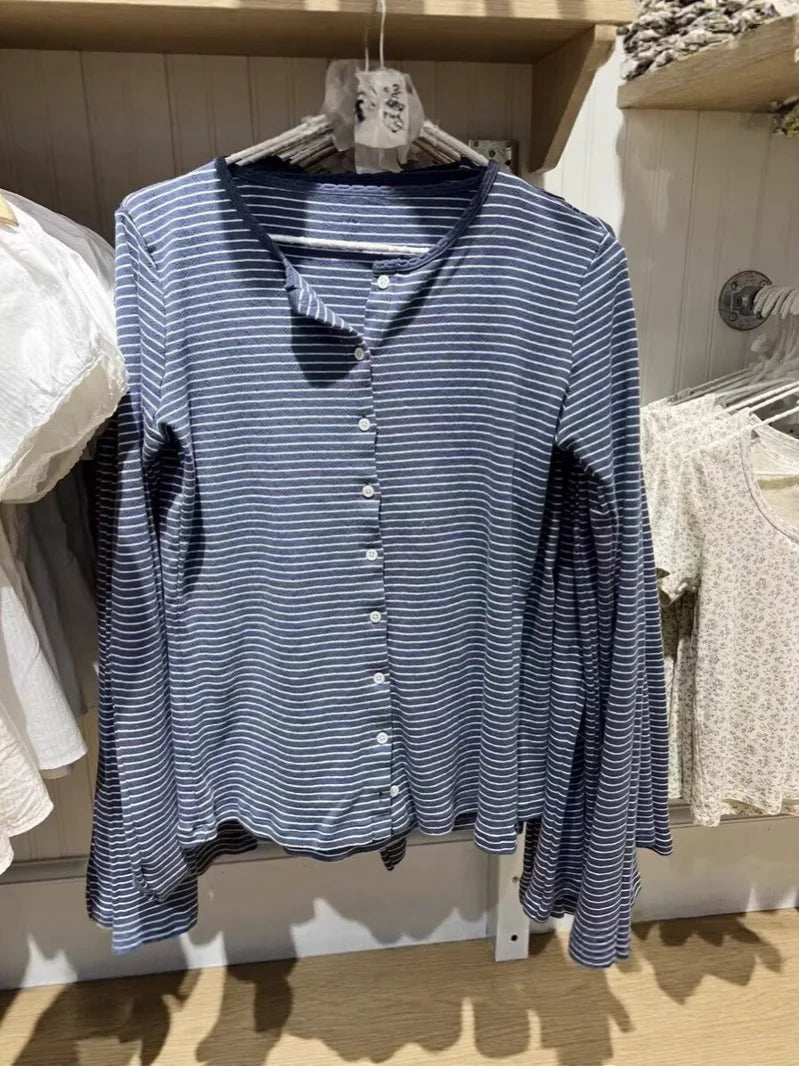 Pink Striped Slim Long Sleeve Tees Women Spring Casual Cotton O-neck Tshirt New Tops Clothes Sweet Cute  Vintage T-shirts Y2K