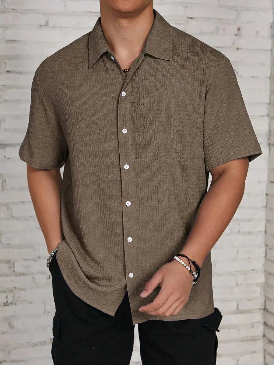 Men's Textured Knit Short Sleeve Button-Front Shirt, Loose Fit, Resort Casual Style