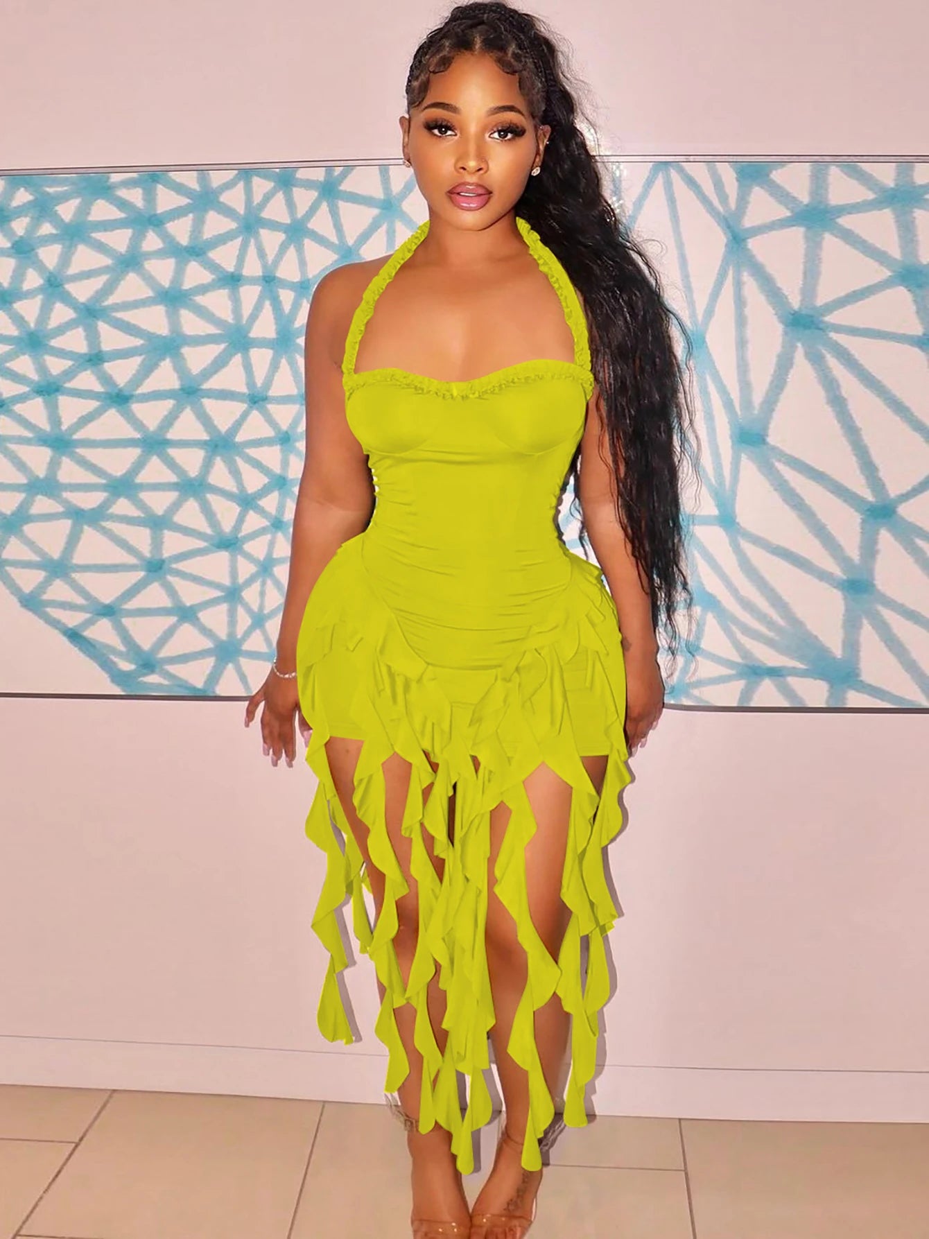 Hugcitar Elegant Halter Solid Ruffles Backless Taseel Sexy Slim Mini Dress Spring Women Cute Outfits Birthday Party Vacation