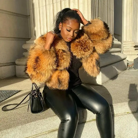 Punk Fake Raccoon Fur Jacket Women Autumn Winter Faux Fur Fox Coats Short Coat Jackets Furry Outerwear Work Thick Warm Coats