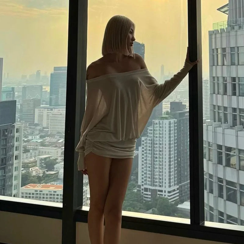 Cryptographic Fashion Off Shoulder Sheer Mini Dress Outfits for Women Hot Sexy Long Sleeve Ruched Party Dresses Bodycon Solid