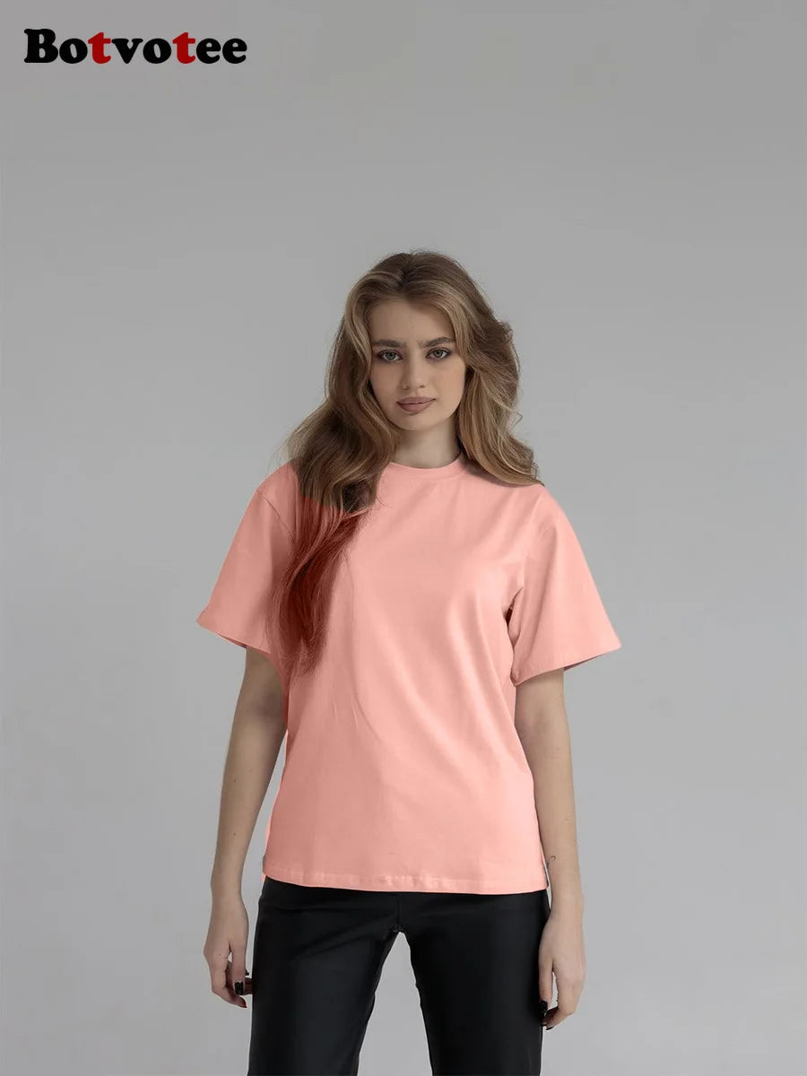 Botvotee 21 Colors Ins Fashion Summer Oversized Basic Soild T Shirts for Women 100% Cotton White Black Pink T-shirt Casual Tops