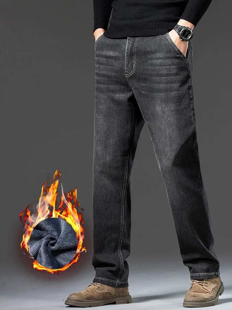 Men's Winter Deep Color Slim Fit Thickened Fleece Lined Warm Loose Style Denim Jeans