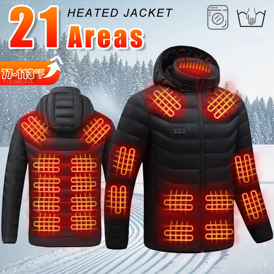 New Heated Jacket Men Women Coats 9/21 Areas USB Self Heated Clothing Winter Ski Camping Heated Down Jacket with Detachable Hood