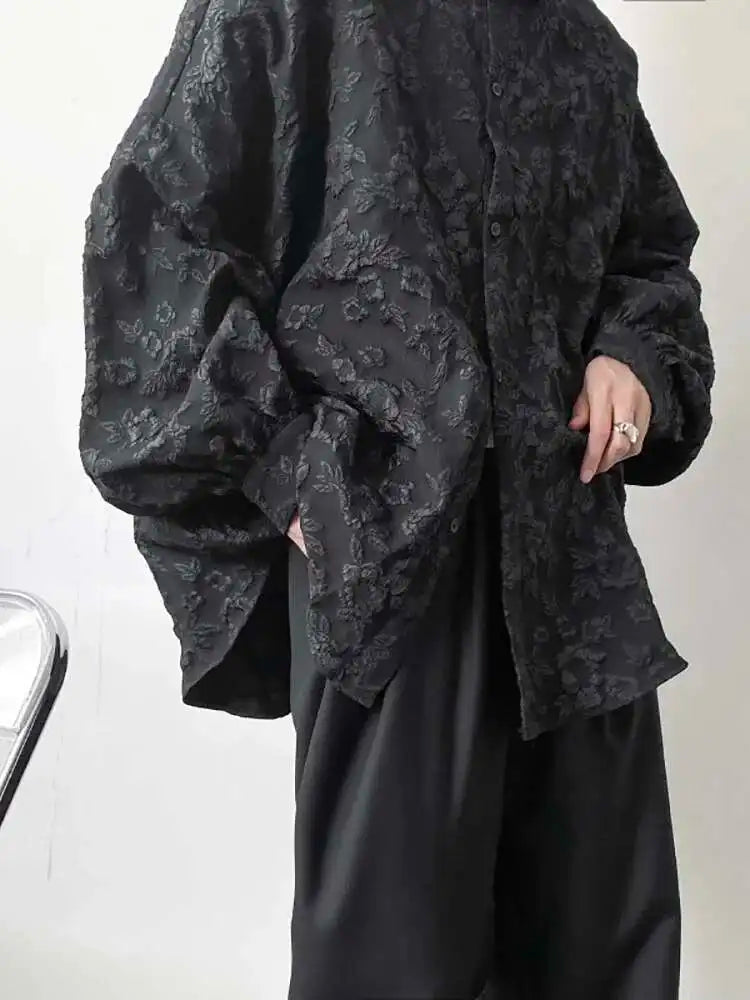 2XL White New Crumpled Jacquard Shirt Loose Fashion Solid Color Casual Turn-down Collar Top New All-match Bat Wing Sleeve P7W