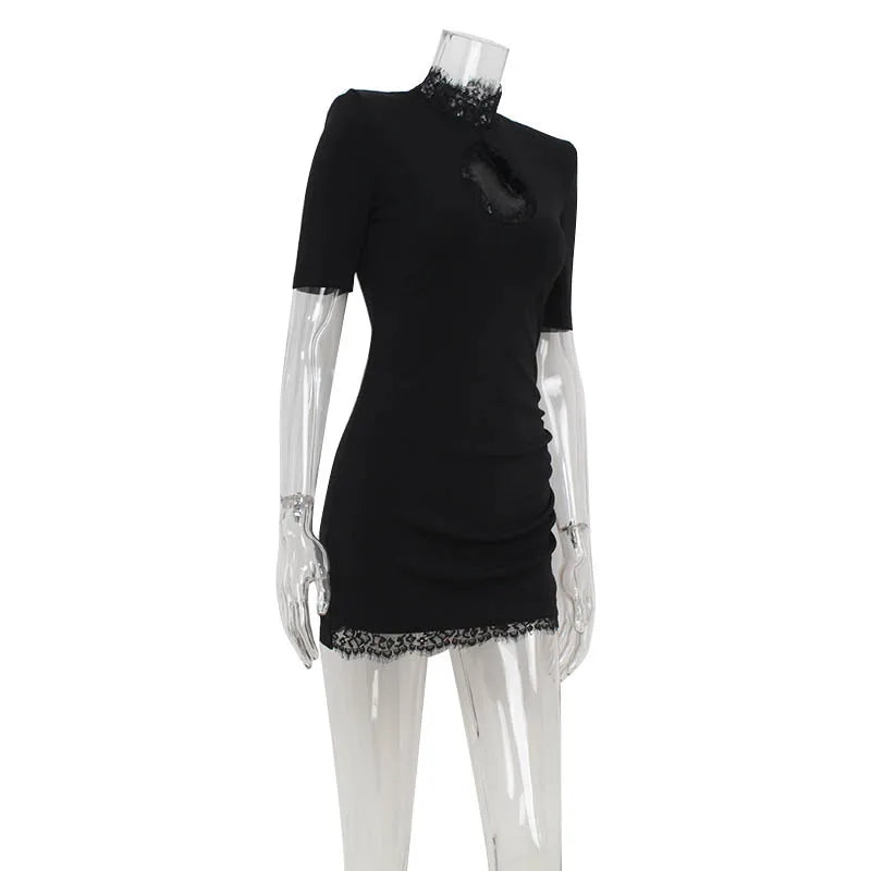 Lace Patchwork Hollow Out Bodycon Sheath High Collar Women Dresses Half Sleeves Outfits Sexy Club Fashion Female Mini Vestidos