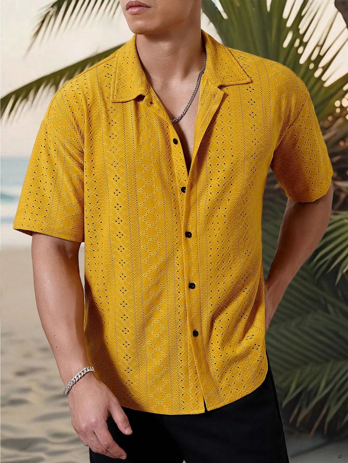 Men's Mustard Yellow Eyelet Lace Short Sleeve Casual Shirt, Loose Fit Button-Down for Beach & Festival