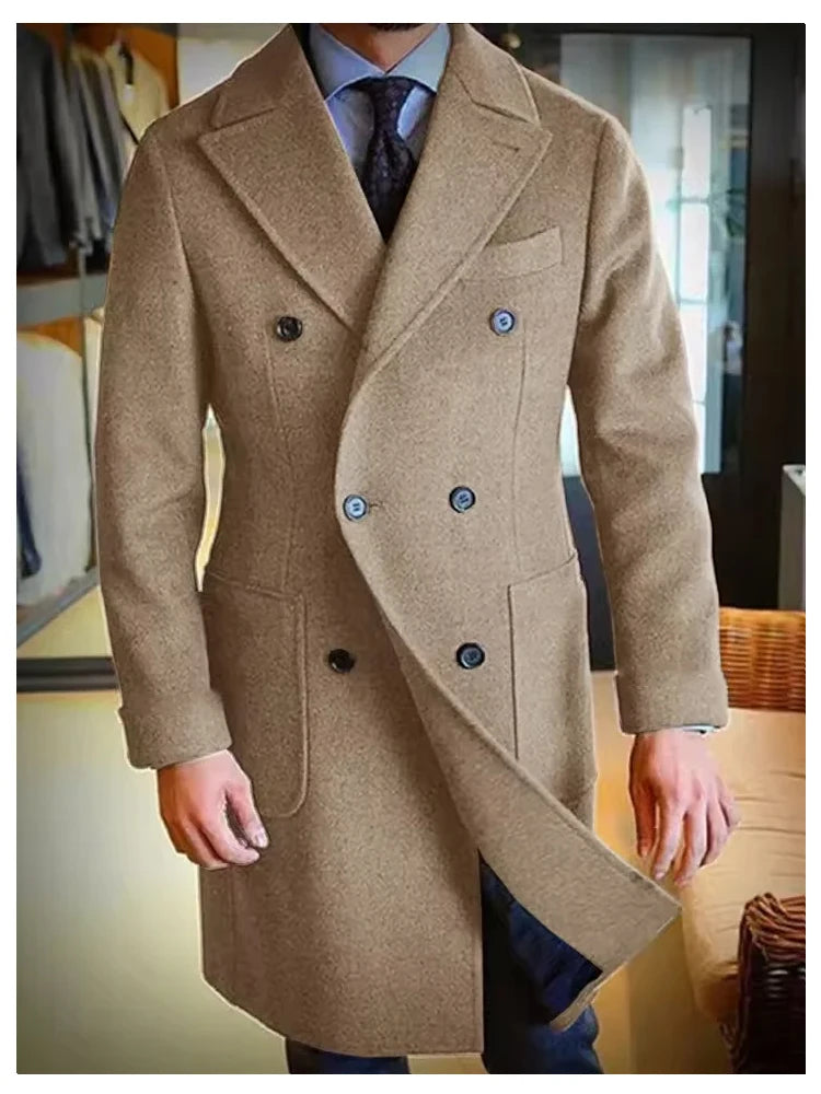 Luxury Men's Winter Long Blazer Double Breasted Business Jacket Elegant High Quality Male Elegant Man Long Coat England Style