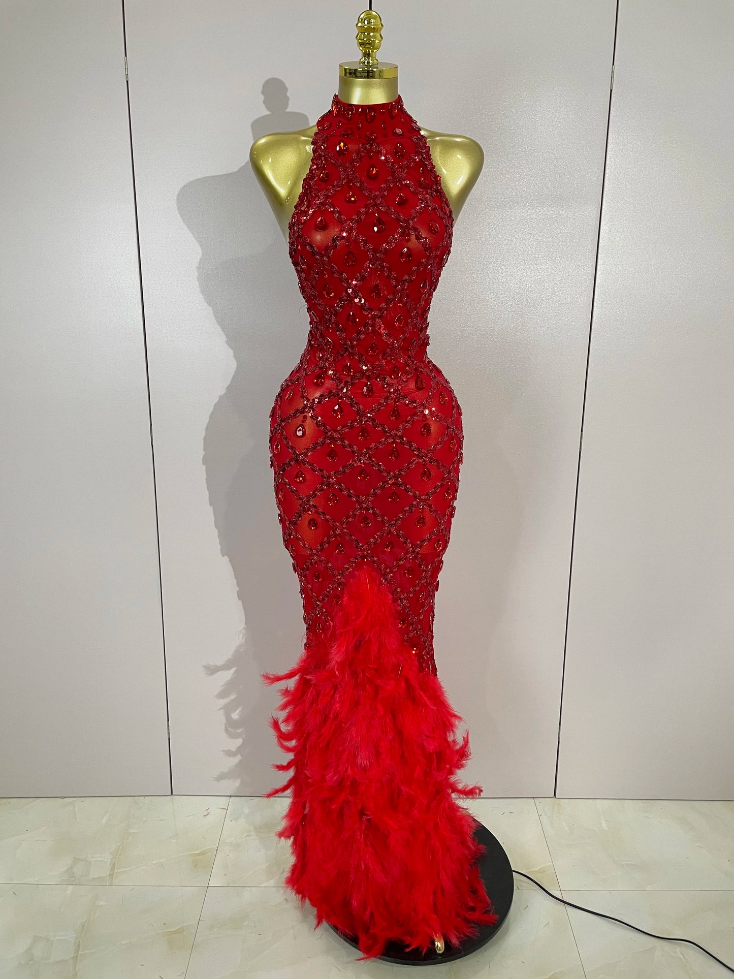 Luxury Sparkly Red Rhinestones Feather Sexy Mesh See Through Long Dress Women Birthday Evening Nightclub DJ Dancer Stage Costume