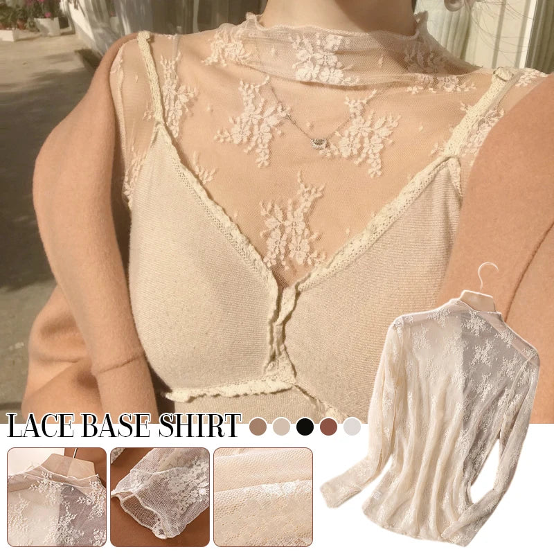S-XL New Women Lace Shirt Spring Autumn Sexy Mesh Shirts Lace-Collared Blouse Long Sleeve Bottoming Shirt Pullover Top