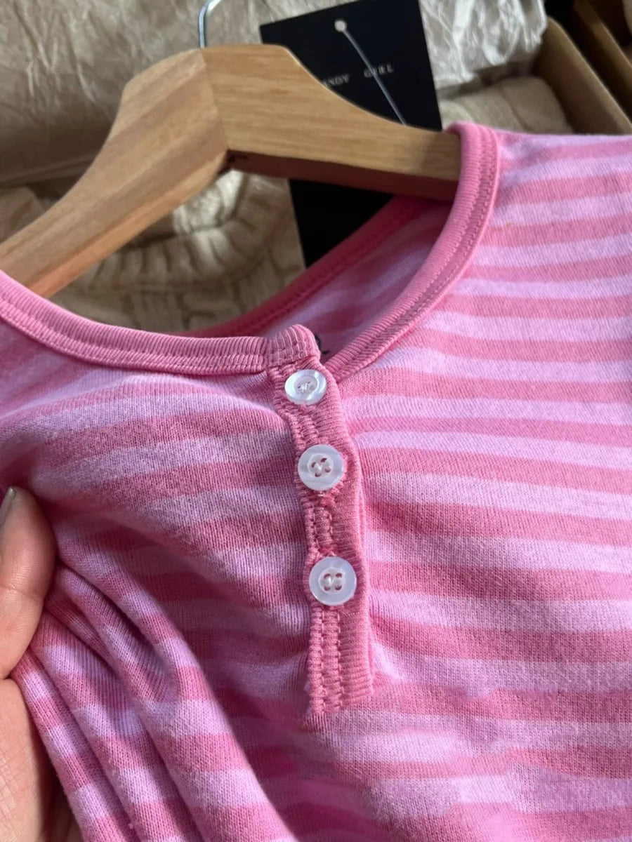 Pink Striped Slim Long Sleeve Tees Women Spring Casual Cotton O-neck Tshirt New Tops Clothes Sweet Cute  Vintage T-shirts Y2K