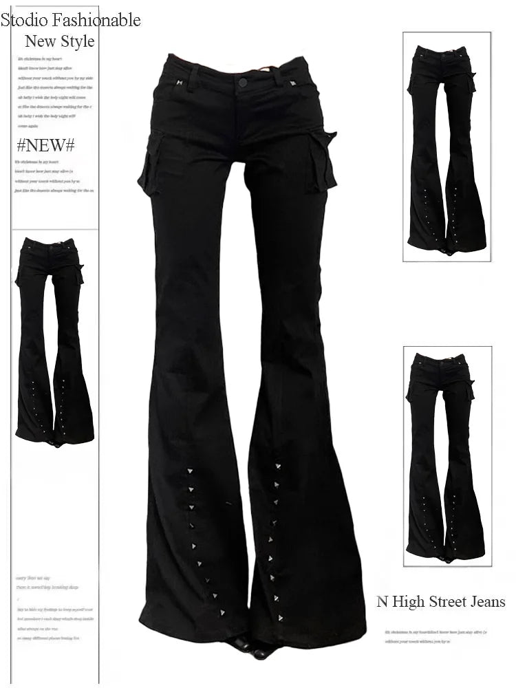Women Dark Academia Goblin Core Long Trousers Gyaru Goth Low Rise Flare Pants Y2K Streetwear Stretch Japanese Harajuku Grunge