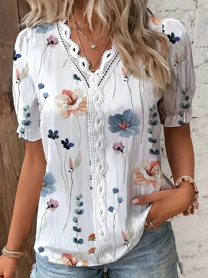 2024 Fashion Casual Vacation Shirt Women Summer V Neck Hollow Out Solid Color Blouse Female Elegant Striped Jacquard Casual Tops