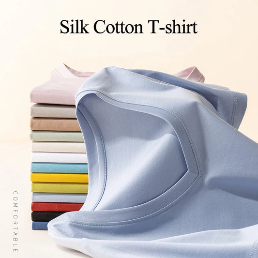 6% Real Silk Cotton Modal Women's T-shirt 2026 Summer Tees Short Sleeve Solid Tee Shirts V-neck Casual Woman Basic T shirt Tops