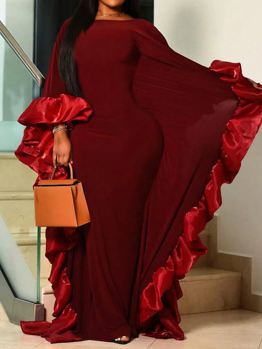 Burgundy Solid Asymmetrical Ruffle Sleeve Evening Gown with Pleated Detail