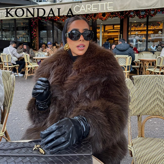 KONDALA 2026 Spring Summer Casual Faux Fur Brown Women Warm Jackets Valentine‘s Day Turn Down Collar Oversized Elegant Coats