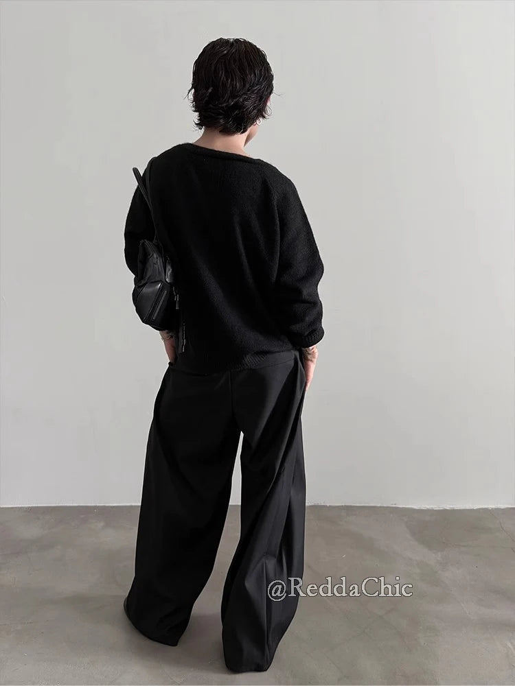 REDDACHiC Men's Pleated Front Wide Leg Pants Cleanfit Black Solid Low Waist Dressy Trousers Unisex Office Work Casual Clothes