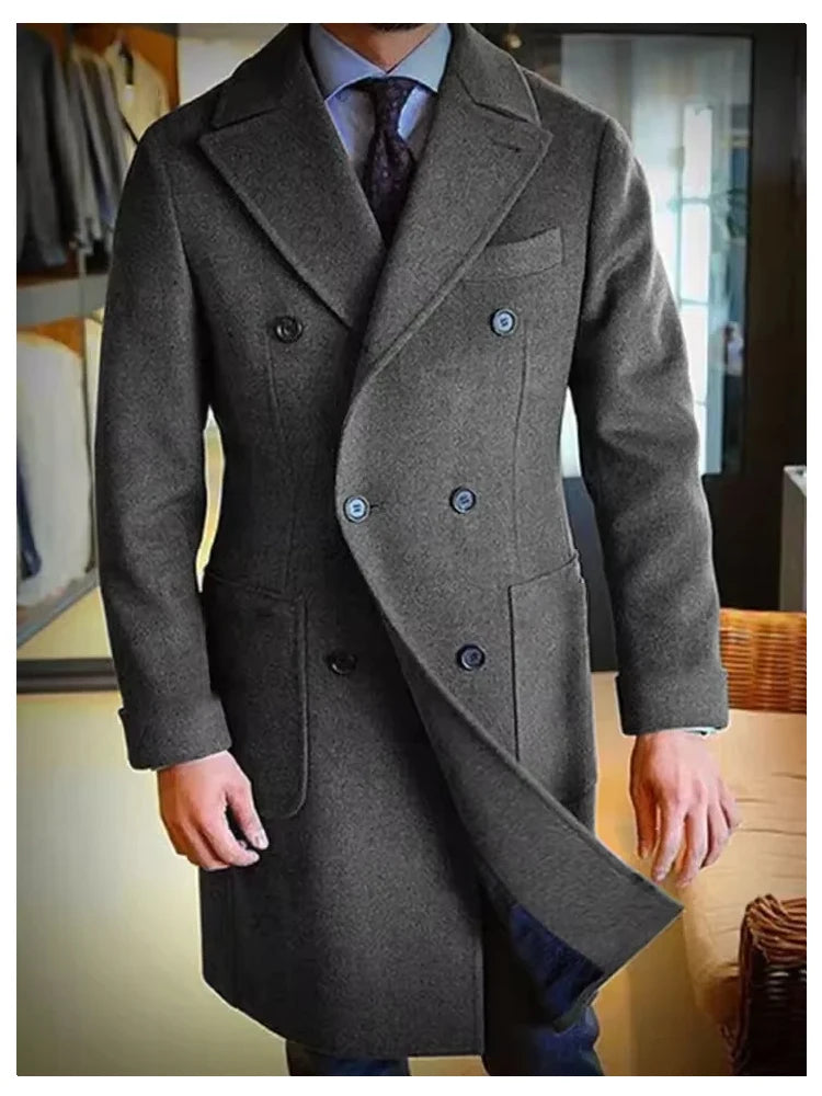 Luxury Men's Winter Long Blazer Double Breasted Business Jacket Elegant High Quality Male Elegant Man Long Coat England Style