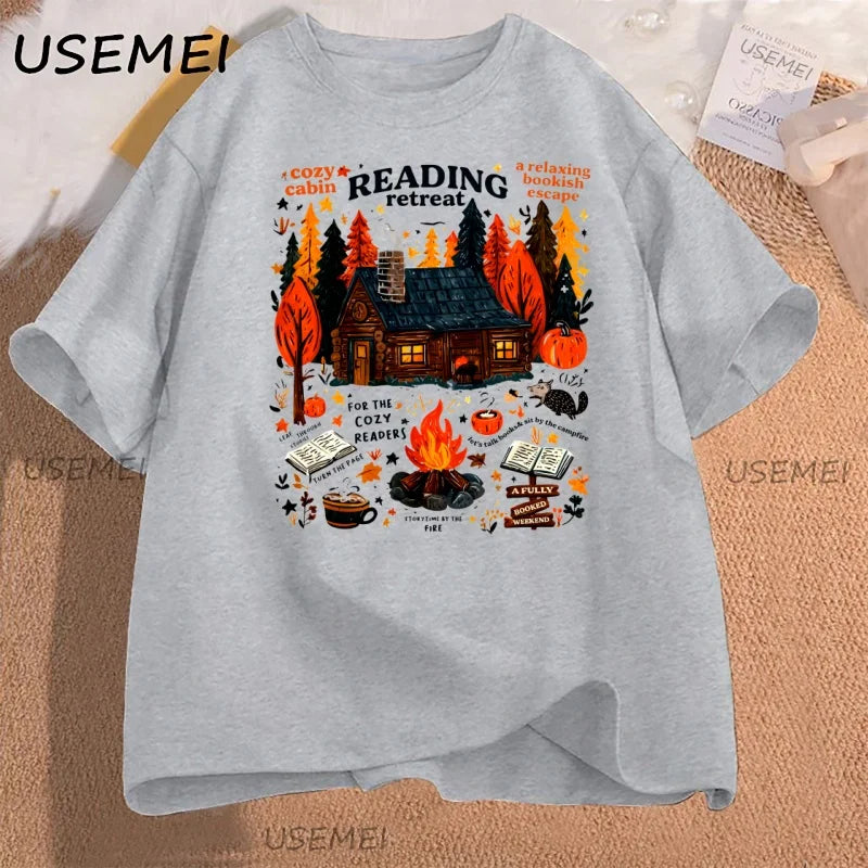 Cozy Cabin Reading Retreat T-shirt Fall Bookish Tshirt Autumn Cozy Readers Pumpkin Spice Book T Shirt Caual Cotton Short Sleeve