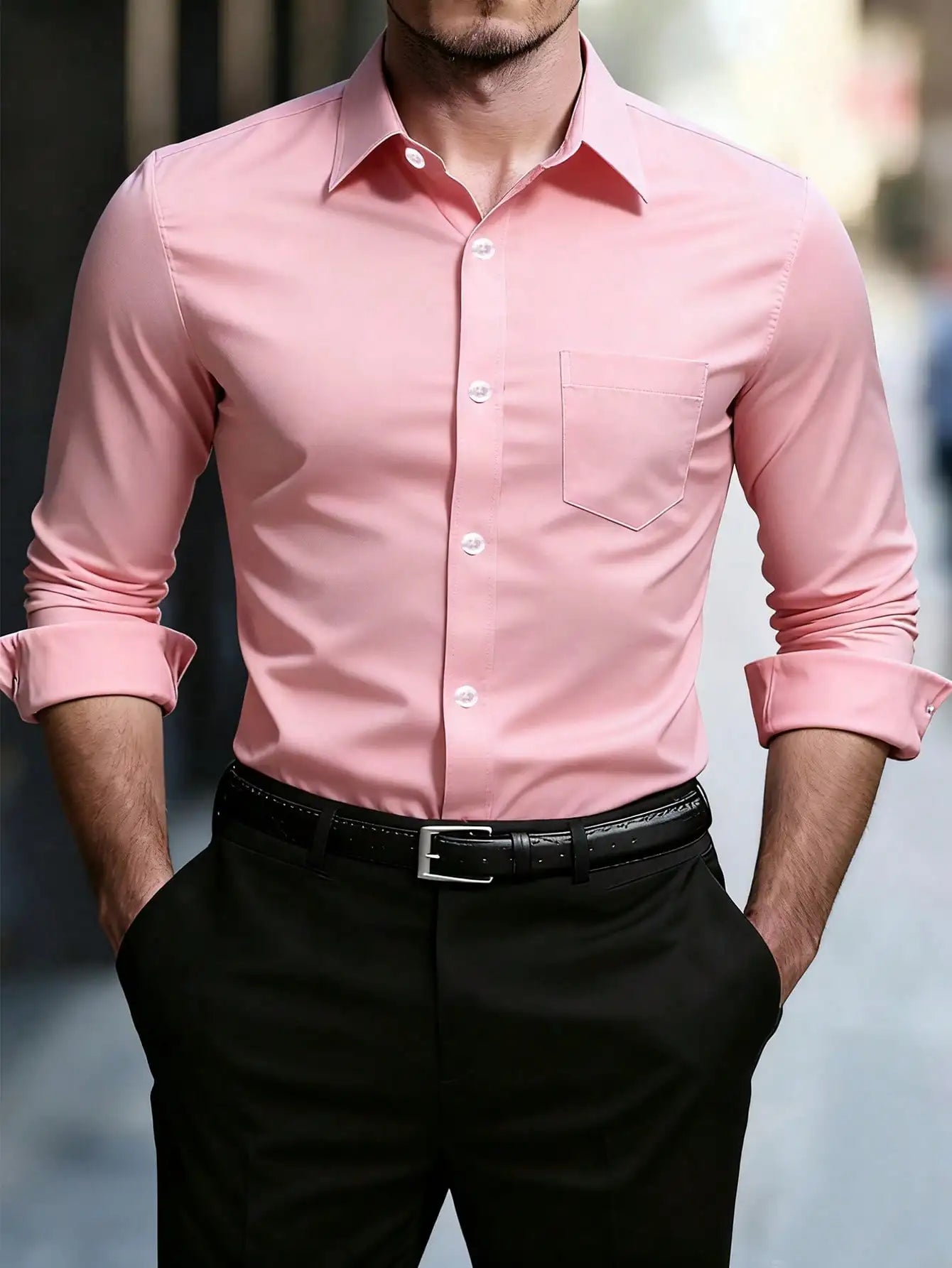 Men's Slim Fit Plain White Long Sleeve Button Up Shirt with Chest Pocket for Business or Casual Wear