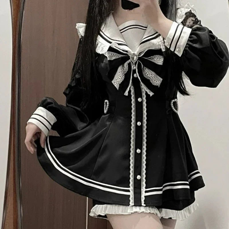Y2k Aesthetic Lolita Style Bow Dress Shorts Set Japanese Women Gothic Lace Flare Sleeve Button Shirt Dress Punk Party Mini Dress
