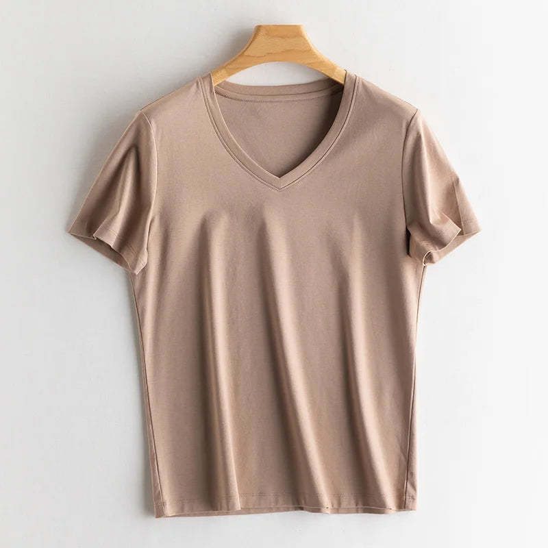 6% Real Silk Cotton Modal Women's T-shirt 2026 Summer Tees Short Sleeve Solid Tee Shirts V-neck Casual Woman Basic T shirt Tops