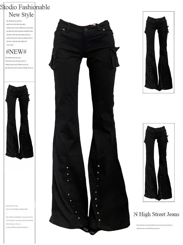 Women Dark Academia Goblin Core Long Trousers Gyaru Goth Low Rise Flare Pants Y2K Streetwear Stretch Japanese Harajuku Grunge