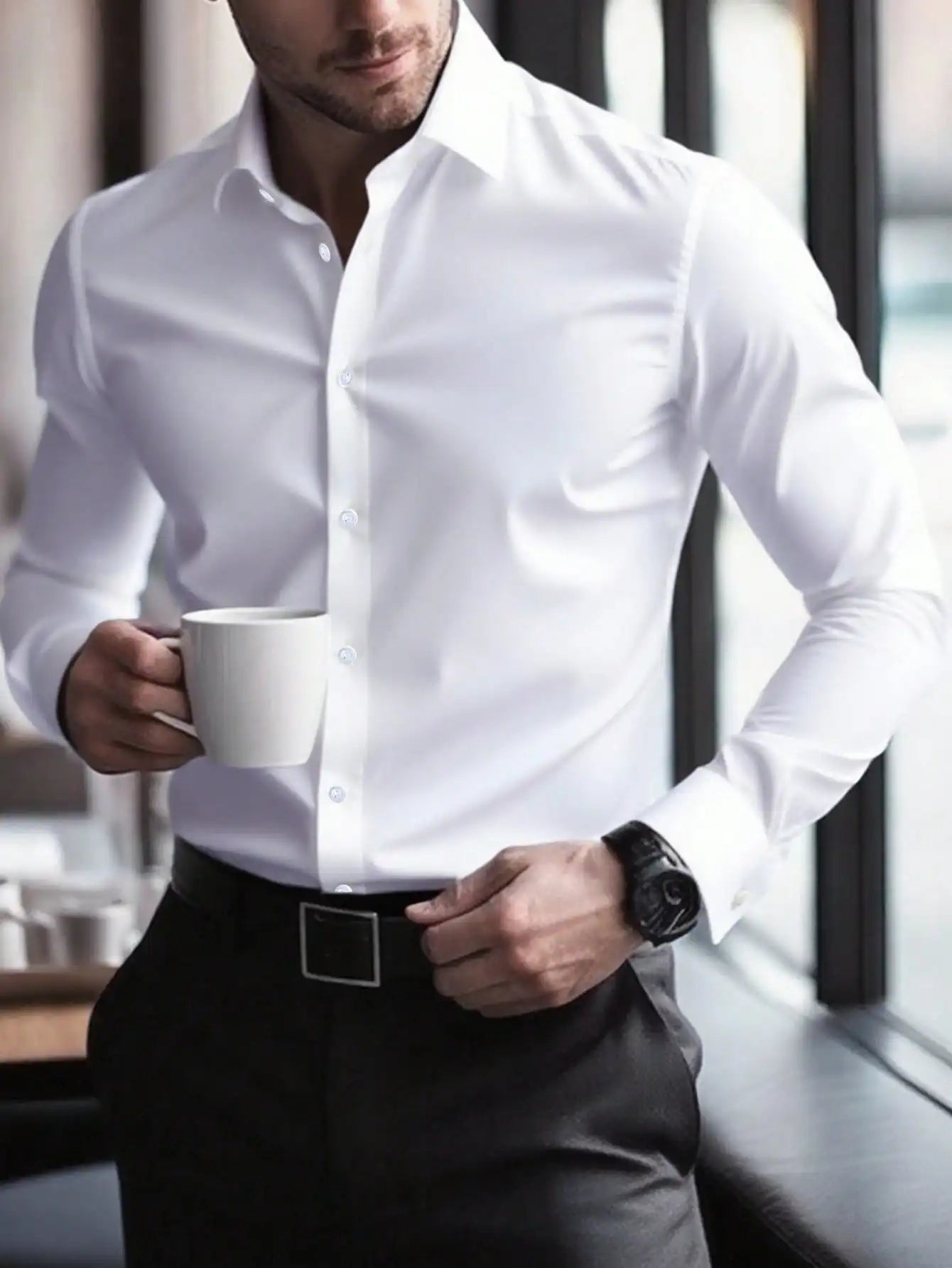 Men's Bright Pink Long Sleeve Slim Fit Casual Business Shirt