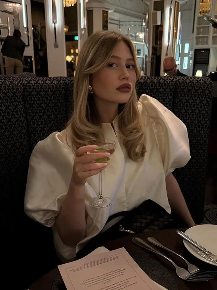 Spring Summer New Women's Fashion Casual Shirt Satin Bubble Sleeves Round Neck Loose Short Top Female Elegant Solid Blouses