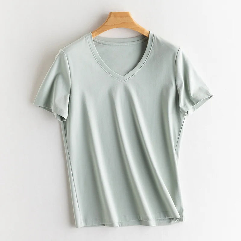 6% Real Silk Cotton Modal Women's T-shirt 2026 Summer Tees Short Sleeve Solid Tee Shirts V-neck Casual Woman Basic T shirt Tops