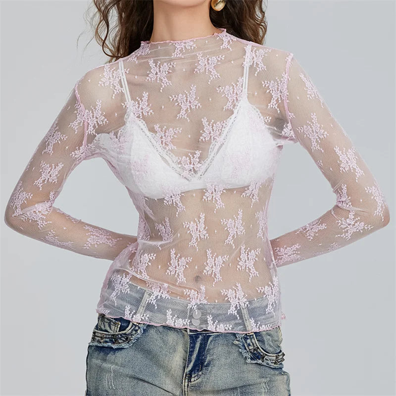 Chic Floral Lace Sheer Tops Women Long Sleeve Mock Neck Mesh Layering Top Sexy See Through Y2k Floral Tee Shirts Street Blouse