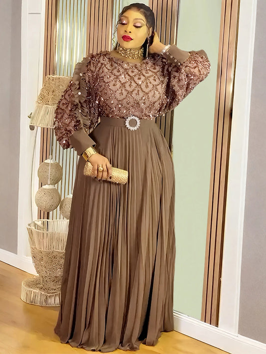 Wedding Party Prom Dress Dubai African Women Luxury Sequin Pleated Long Dress Ankara Dashiki Turkey Clothes Formal Occasion Gown