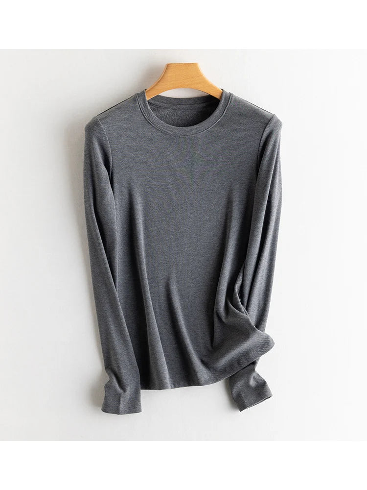 SuyaDream, Women Bottoming T Shirt, Silk Viscose Blend, Long Sleeves, Solid Basic Thermal  Shirt, 2024 Autumn Winter Top
