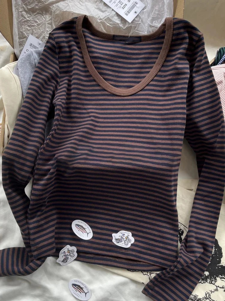 Pink Striped Slim Long Sleeve Tees Women Spring Casual Cotton O-neck Tshirt New Tops Clothes Sweet Cute  Vintage T-shirts Y2K