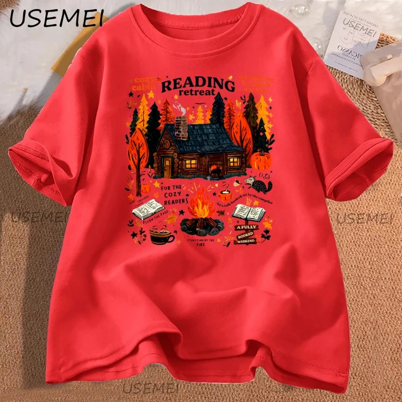 Cozy Cabin Reading Retreat T-shirt Fall Bookish Tshirt Autumn Cozy Readers Pumpkin Spice Book T Shirt Caual Cotton Short Sleeve