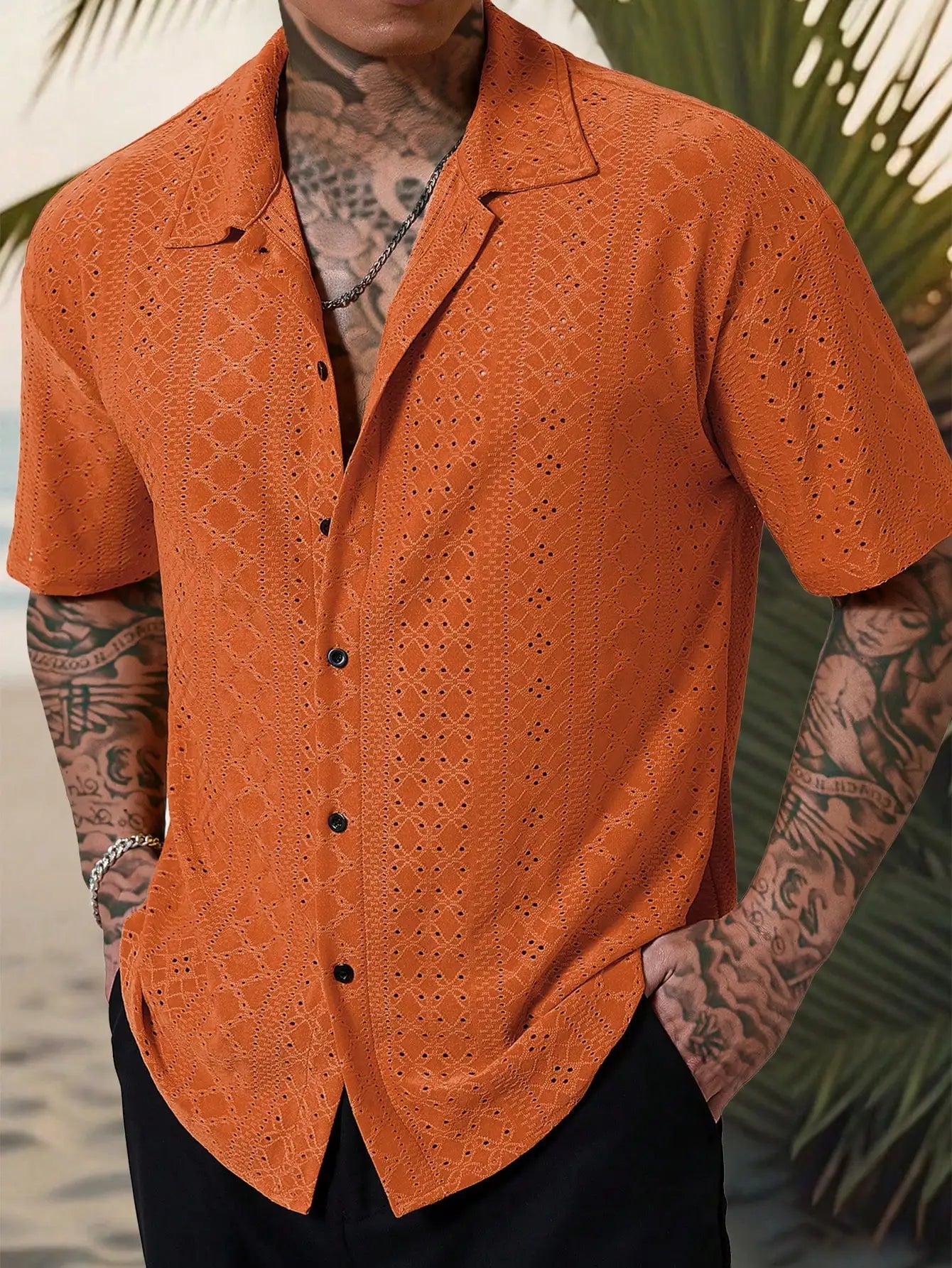 Men's Mustard Yellow Eyelet Lace Short Sleeve Casual Shirt, Loose Fit Button-Down for Beach & Festival