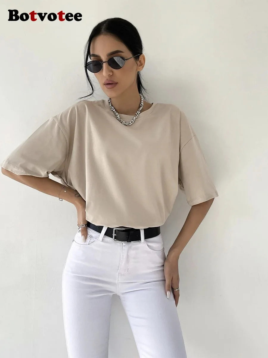 Botvotee 21 Colors Ins Fashion Summer Oversized Basic Soild T Shirts for Women 100% Cotton White Black Pink T-shirt Casual Tops