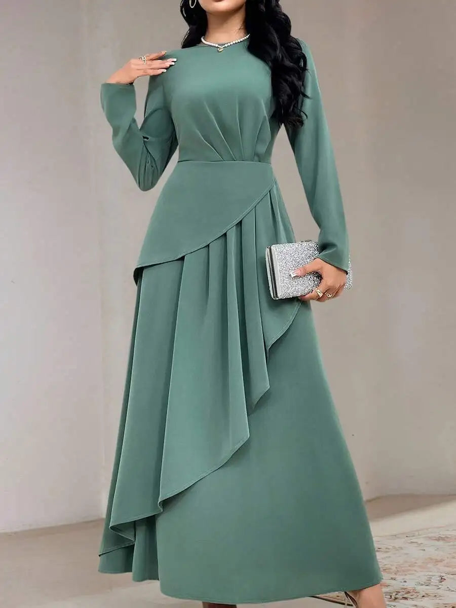 Women's Sage Green Round Neck Long Sleeve Asymmetrical Pleated Maxi Dress