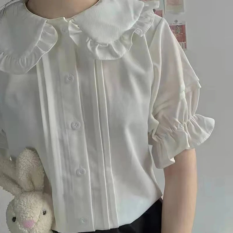 Zoki Japanese Sweet Women Blouses Lolita Style White Kawaii Peter Pan Collar Jk Shirt Cute Preppy Ruffle Puff Short Sleeve Tops