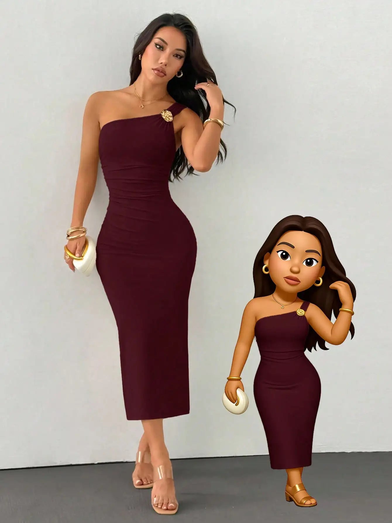 One Shoulder Ruched Fishtail Dress With Gold Brooch Asymmetric Neck Party Dress