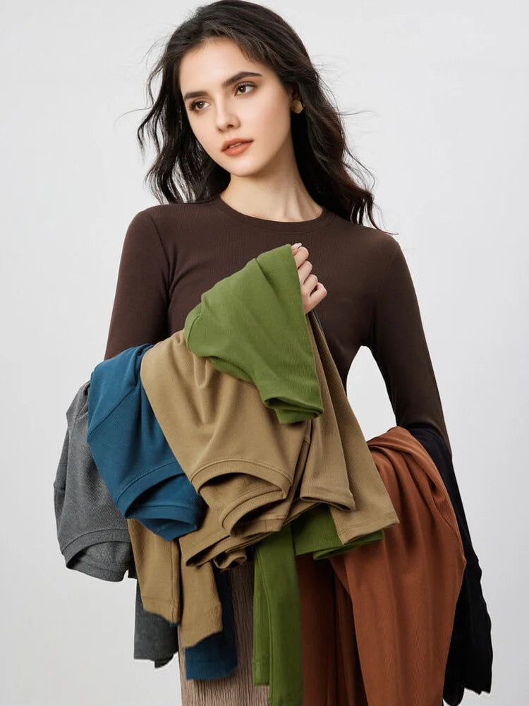 SuyaDream, Women Bottoming T Shirt, Silk Viscose Blend, Long Sleeves, Solid Basic Thermal  Shirt, 2024 Autumn Winter Top